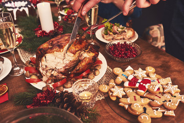High angle view of table served for Christmas family dinner. Table concept