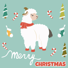 Christmas postcard with holiday lama and elements