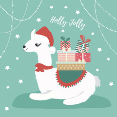 Holiday card with cute lama and presents