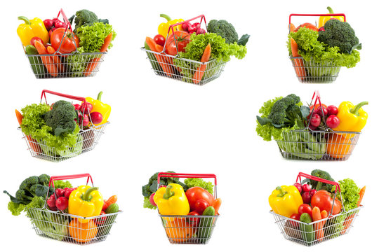 Collage of Shopping Carts with Perfect Fruit and Vegetables