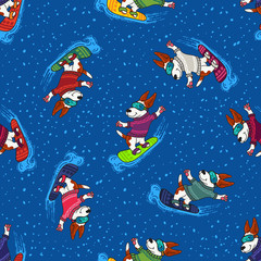 Winter greeting design with dogs in colorful sweaters are nowboarding