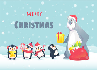 Polar bear gives gifts to penguins