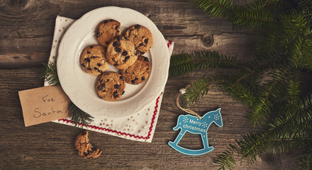 Christmas background, cookies, christmas tree on wooden board