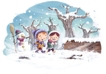 niños con muñeco de nieve