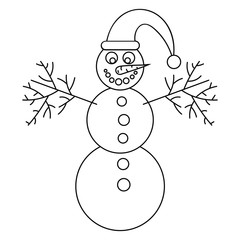 Thin line smiling snowman with Santa hat and carrot isolated on white. Black outline. Vector