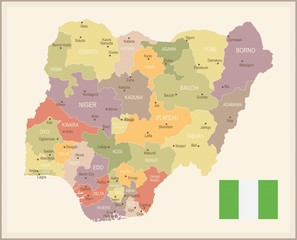 Nigeria - vintage map and flag - Detailed Vector Illustration
