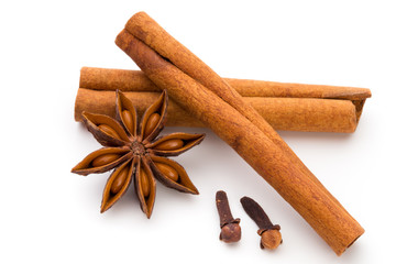 Cloves, anise and cinnamon isolated on white background.