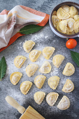 Italian Cuisine. Raw ravioli with pumpkin and ricotta. Top view