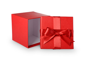 Red open gift box with satin bow