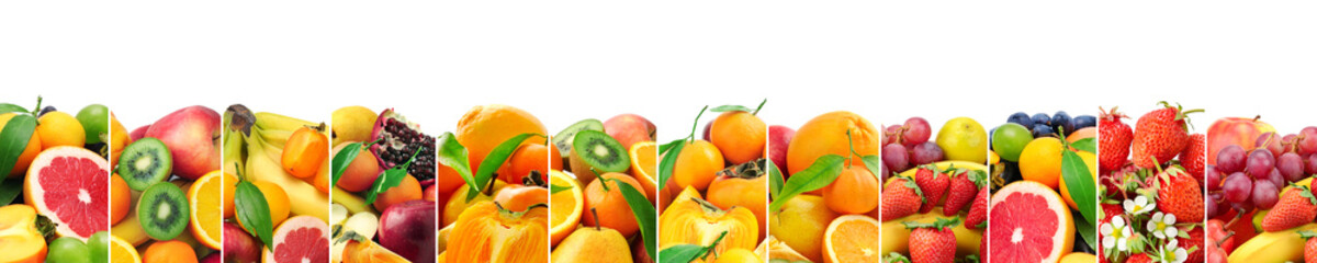 Panoramic collection fresh fruits isolated on white.