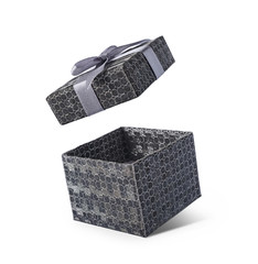 Gray flying open gift box with satin bow