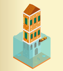 Isometric flooded building and gondola in Venice