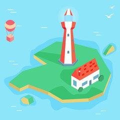 Isometric lighthouse with house on the island