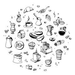 Doodle coffee shop icons. Vector outline coffee and tea drawings for cafe menu