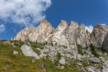 Fototapeta na wymiar Awesome vertical dolomitic pinnacles and crest of Mount Settsass, Valparola Pass, Dolomites, Italy