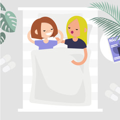 Adult relationships. Two characters sleeping together in one bed, above view image. Romantic love. Lesbian couple
