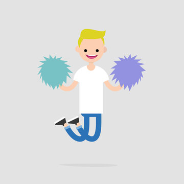 Cheerleader jumping with the pompoms. Sport activities. Supporting the team. Young excited character celebrating the success. Flat editable vector illustration, clip art