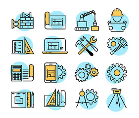 Engineering and manufacturing vector icon set in thin line style