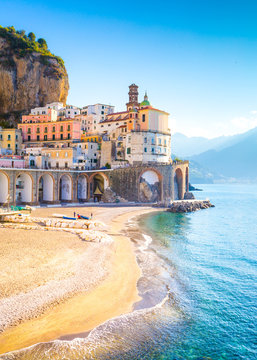 Morning view of Amalfi cityscape on coast line of mediterranean sea, Italy