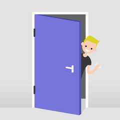Young character peeking out from behind the door. Hello or Goodbye hand waving. Welcome home. Flat editable vector illustration, clip art
