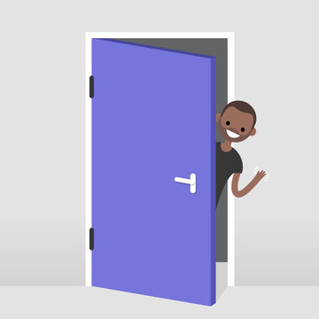 Young Black Character Peeking Out From Behind The Door. Hello Or Goodbye Hand Waving. Welcome Home. Flat Editable Vector Illustration, Clip Art