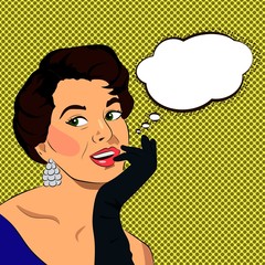 The beautiful retro young woman with gloves, vector illustration with speechbubble for text