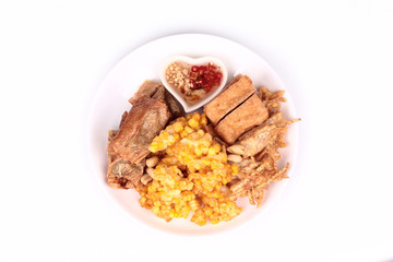 Deep fried dessert of sweet corn,tofu ,taro and  spring roll served with spicy sweet sauce.
