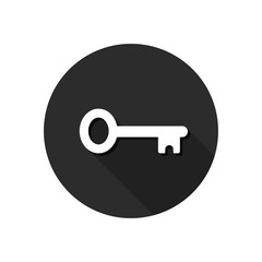 Key icon with long shadow. Round icon in flat design style. Key silhouette. Vector