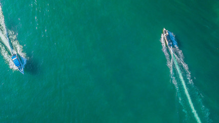 Aerial view of speed boat in the sea