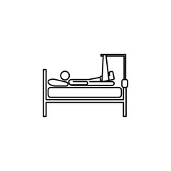 with a broken leg in bed line icon. Insurance outline icon