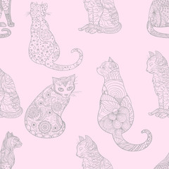 Cats. Seamless pattern. Zentangle. Hand drawn cat with abstract patterns on isolation background. Design for spiritual relaxation for adults. Art creative. Outline for tattoo, printing on t-shirts