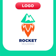 Rocket Mountain logo. Top and speed spaceship with fire