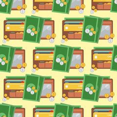 Purse wallet with money seamless pattern background shopping buy business financial payment bag and accessory trendy cash wealth vector illustration.