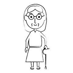 cartoon elderly woman with a walking stick icon over white background vector illustration