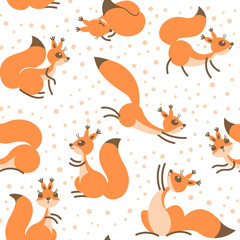 Little cute squirrels under snowfall. Seamless winter pattern for gift wrapping, wallpaper, childrens room or clothing.