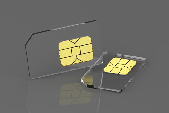 crystal or glass sim card put on reflextive surface. 3D Render