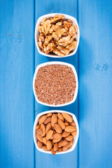 Products and ingredients containing omega 3 acids and fiber, healthy nutrition and acid diet concept