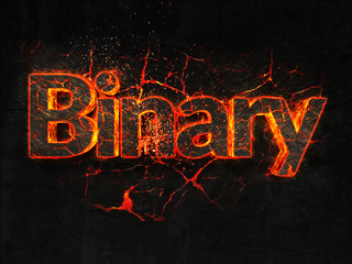 Binary Fire text flame burning hot lava explosion background.