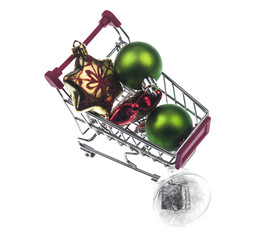 Christmas gifts in shopping trolley, isolated on white