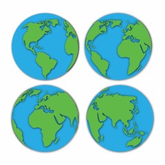 White map of the continents of the world on blue background. Globe icon with smooth vector.
