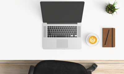 Modern workplace with laptop, coffee cup and notebook copy space on white table background. Top view. Flat lay style.