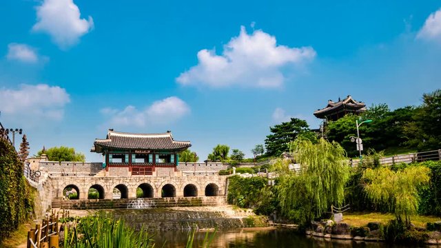 Suwon, South Korea - Hwahongmun Gate of Hwaseong Fortress in Suwon (Sign board text is "Hwahongmun" name of gate)
