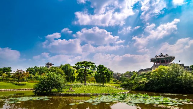 Suwon, South Korea - Dongbukgangnu Pavilion of Hwaseong Fortress in Suwon. Time lapse