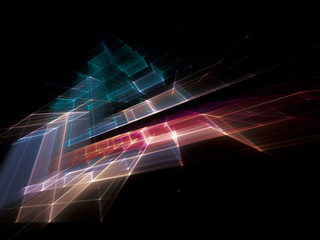 Abstract multicolor background element on black. Fractal graphics series. Three-dimensional composition of repeating grids. Information technology concept.