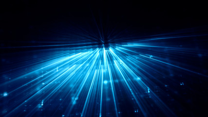 Abstract blue and black background. Fractal graphics series. Three-dimensional composition of bokeh blurs and light beams.