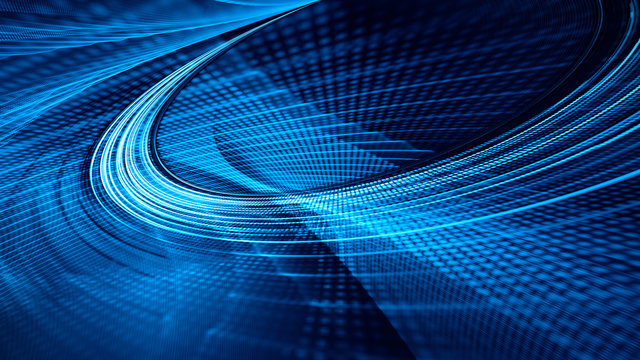 Abstract blue and black background texture. Dynamic curves ands blurs pattern. Detailed fractal graphics. Science and technology concept.