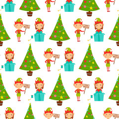 Obraz na płótnie Canvas Santa Claus kids cartoon elf helpers vector illustration children characters traditional costume seamless pattern background