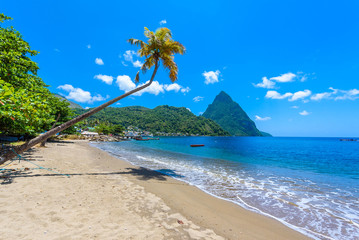 Paradise beach at Soufriere Bay with view to Piton at small town Soufriere in Saint Lucia, Tropical Caribbean Island.
