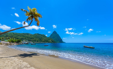 Paradise beach at Soufriere Bay with view to Piton at small town Soufriere in Saint Lucia, Tropical...