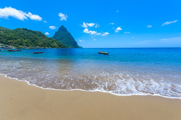 Paradise beach at Soufriere Bay with view to Piton at small town Soufriere in Saint Lucia, Tropical...